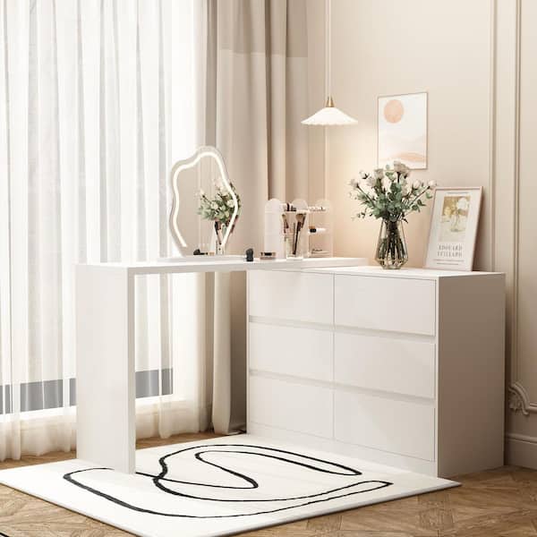 FUFU&GAGA 6-Drawer L-Shaped Dresser with Rotatable Desk 47.2 in. W x 51.2 in. D x 32.7 in. H