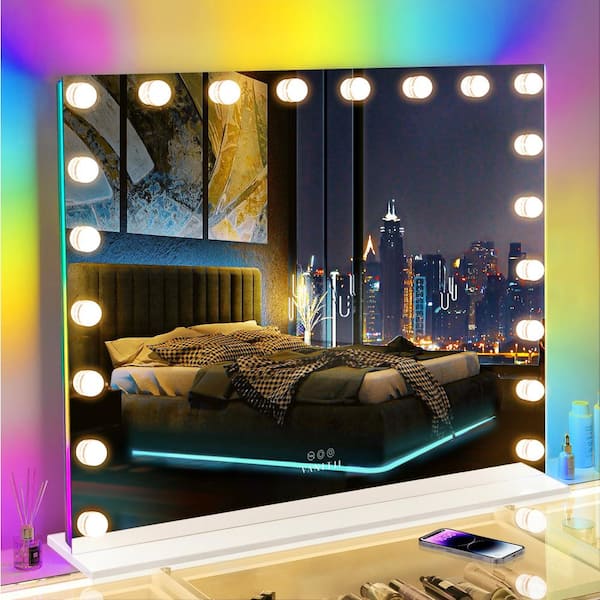 VANITII GLOBAL Hollywood 39 in. W x 31 in. H Rectangular Framed RGB LED Lighted Tempered Glass Tabletop Bathroom Vanity Mirror in RGB