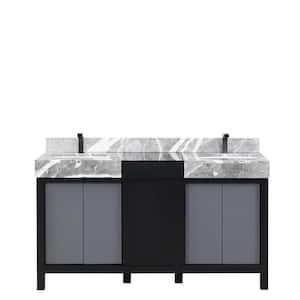 Zilara 60 in x 22 in D Black and Grey Double Bath Vanity, Castle Grey Marble Top and Gun Metal Faucet Set