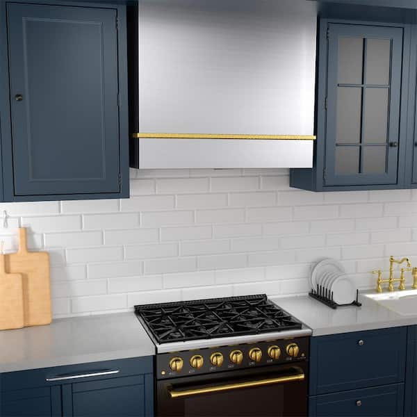 36 in. Stainless Steel Ducted Wall Mount Range Hood with 600 CFM Vent Motor, 3-Speed, in Stainless Steel with Gold