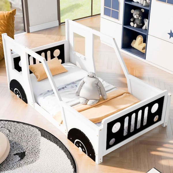 Polibi White Wood Frame Twin Size Platform Bed with Wheels