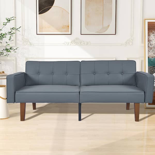 Mydepot 68 in. W Gray PU Leather Arm Chair Convertible Sofa Bed Couch with Spilt Backrest for Apartment