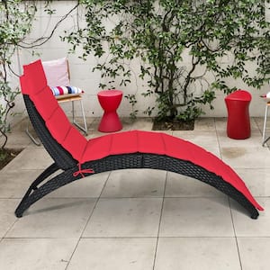 Foldable Rattan Wicker Patio Outdoor Chaise Lounge Chair with Red Cushion