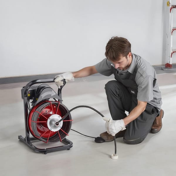 Drain Cleaner Machine 75 ft. x 1/2 in., Sewer Snake Auger Manual Feed, 4-Cutters and Air-Activated Foot Switch