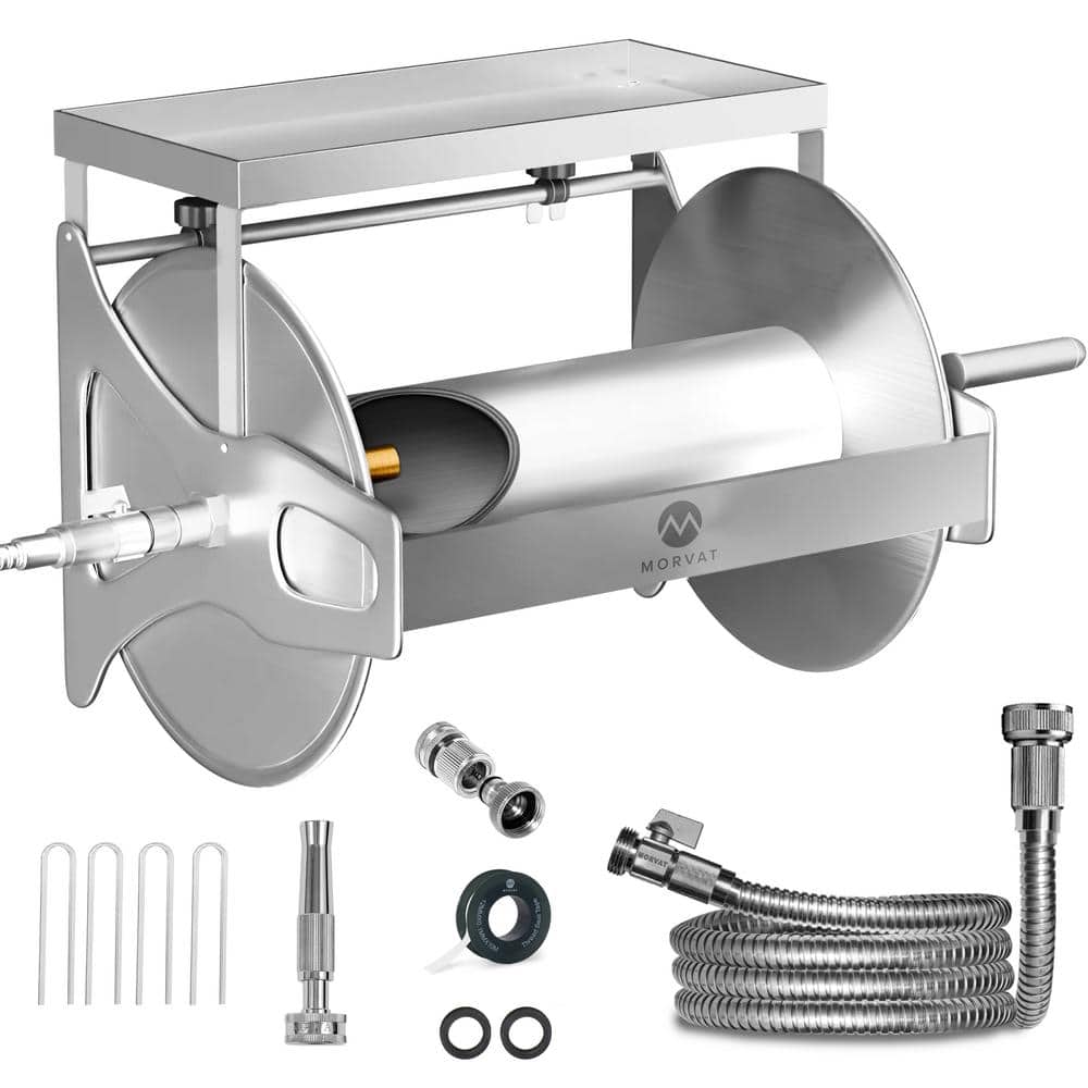 Stainless Steel Wall-Mount Hose Reel with Crank and Shelf