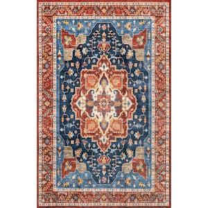 Hera Spill-Proof Machine Washable Blue Doormat 3 ft. x 5 ft. Medallion Area Rug