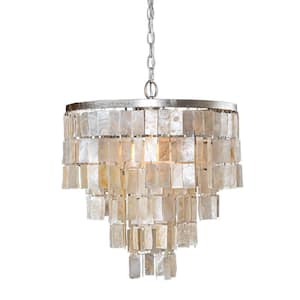 Icarus 3-Light Coastal Style Natural Capiz Shell Tiered Chandelier with Metal Frame