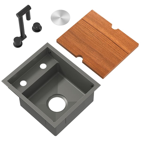 13 in. Undermount Single Bowl Gunmetal Black Stainless Steel RV Bar Sink with Adjustable Faucet and Cutting Board