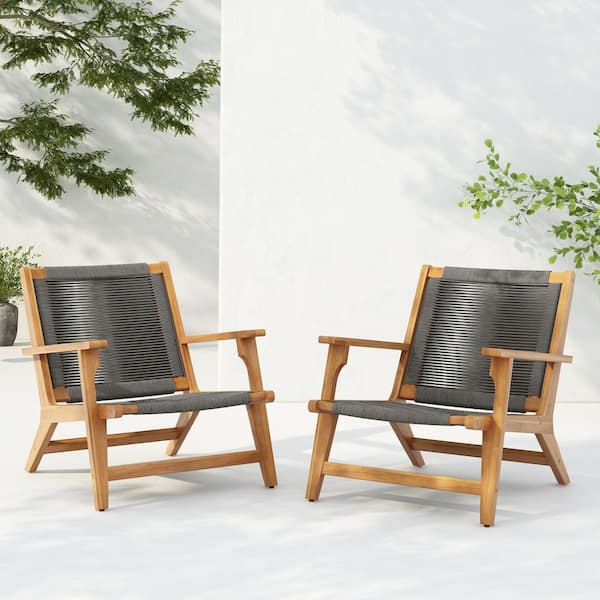 Marcus Teak Finish Acacia Wood and Dark Grey Rope Weave Patio Outdoor Lounge Chair, Set of 2
