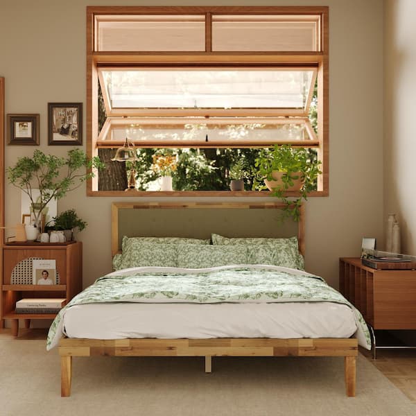 Brown Acacia Wood Frame Queen Panel Bed with Enhanced Load Support and Stability