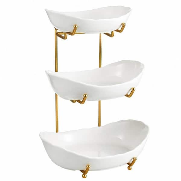 3-Tier White Ceramic Fruit Bowl with Metal Gold Stand, Fruit Basket for Kitchen Counter