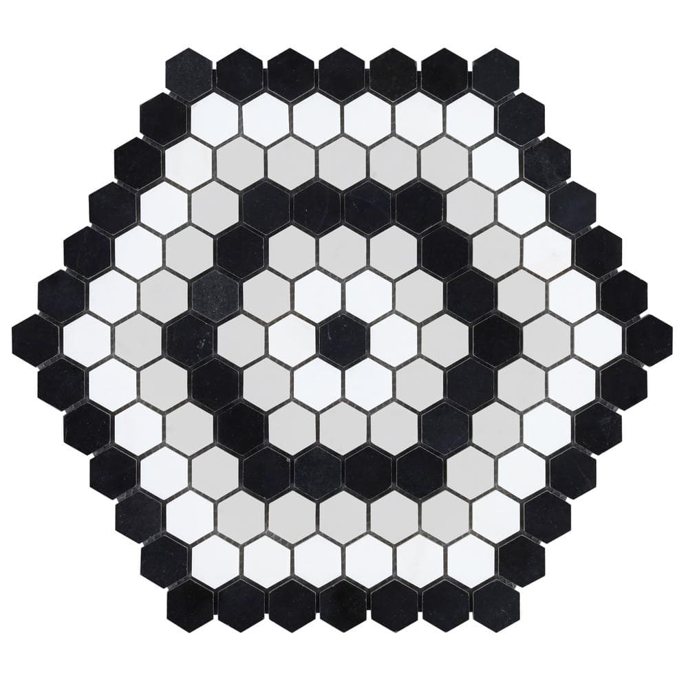 Hyperion Black and White Hexagon Marble Mosaic Tile Sheet