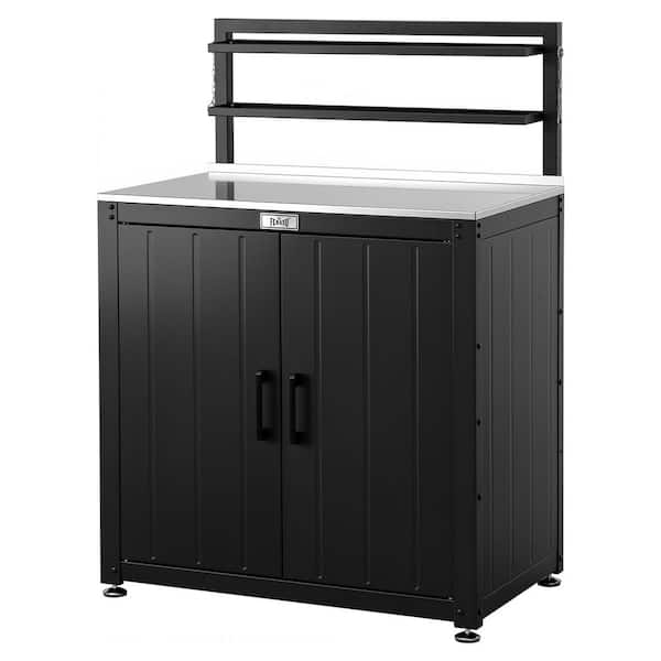 Outdoor Garden Potting Bench in Black with Elevated Rack, Stainless Steel Worktop and Storage Cabinet