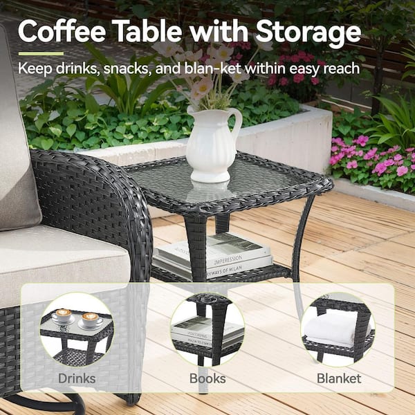 Rotavia Black 5-Piece Wicker Patio Conversation Set with Swivel Rockers, Outdoor Sofa Seating Set with Beige Cushions