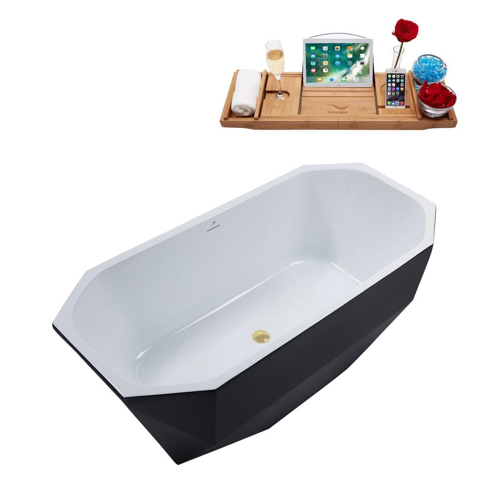 63'' Matte Black Acrylic Freestanding Soaking Bathtub with Polished Brass Trim