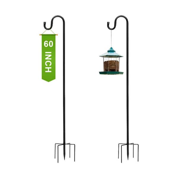 60 Inch Black Iron Shepherd Hook with 5 Leg Ground Base for Bird Feeders, Flower Baskets & Lanterns (1-Pack)