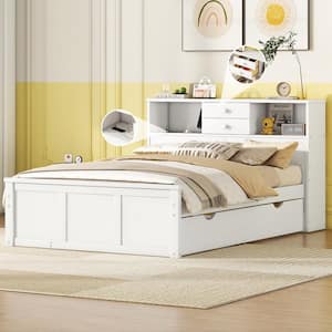 White Wood Frame Full Size Platform Bed with Storage Headboard, Shelves, Twin Size Trundle, Drawers, USB Charging
