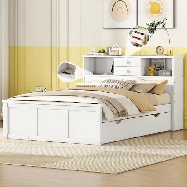 Harper & Bright Designs White Wood Frame Full Size Platform Bed with Storage Headboard, Shelves, Twin Size Trundle, Drawers, USB Charging
