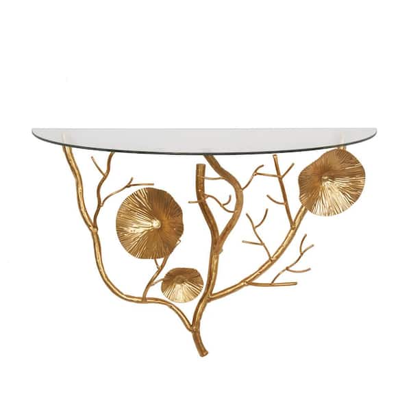 Litton Lane 23.75 in. W x 11.88 in. D Gold Branch Metal Floral Decorative Wall Shelf with Glass Top
