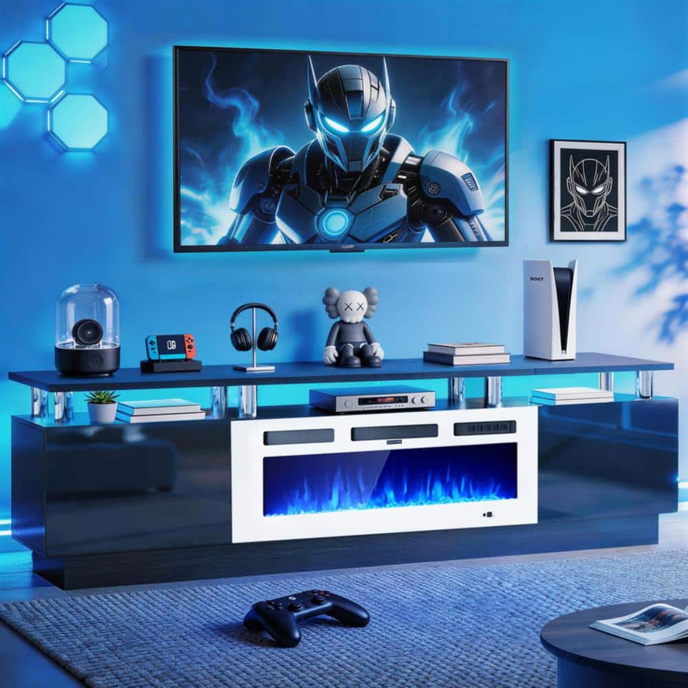 80" Fireplace TV Stand, Fire Place TV Stand for TVs up to 90", 36" Electric Fireplace, Black & White