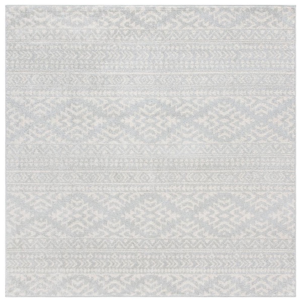 Tulum 8 ft. x 8 ft. Square Light Gray/Ivory Striped Tribal Geometric Area Rug