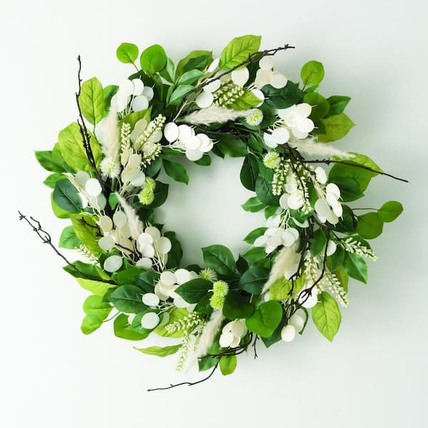 27 in. Artificial Mixed Silver Dollar Wreath, Cream