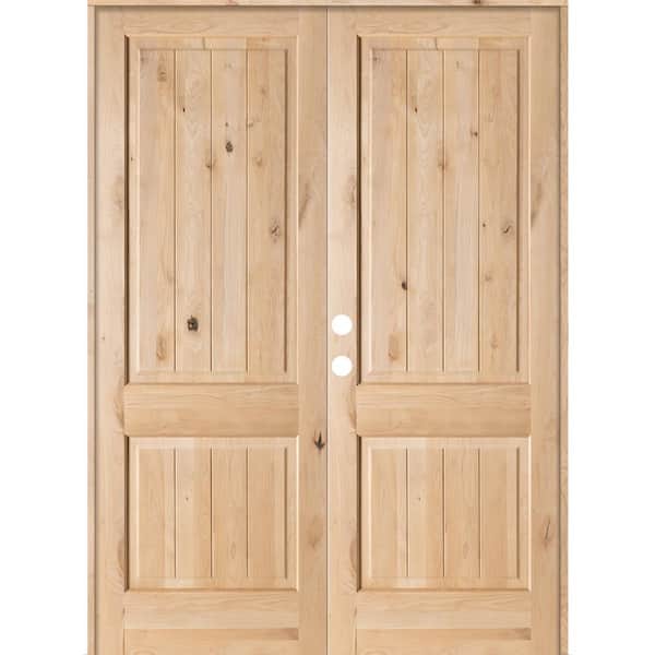 Krosswood Doors 72 in. x 96 in. Rustic Knotty Alder 2-Panel Sq-Top VG Right Hand Solid Core Wood Double Prehung Interior French Door