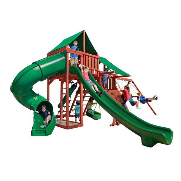 Gorilla Playsets Sun Valley Deluxe Wooden Swing Set with Green Vinyl Canopy and 2 Slides