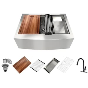 33 in. Farmhouse/Apron-Front Single Bowl Stainless Steel Kitchen Sink with Faucet, Cutting Board, Colander, Bottom Grid