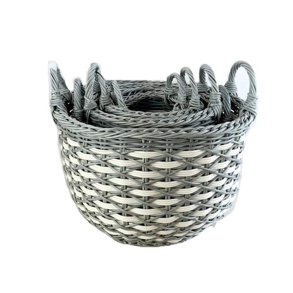 Gray Plus Beige Plastic 3-Pack Stackable Hand Woven Wicker Storage and Laundry Basket with Handles-15 x 15 x 16.10 in.