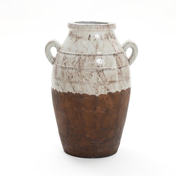 LuxenHome 18.5 in. Rustic Cream and Brown Terracotta Urn Vase with Handles