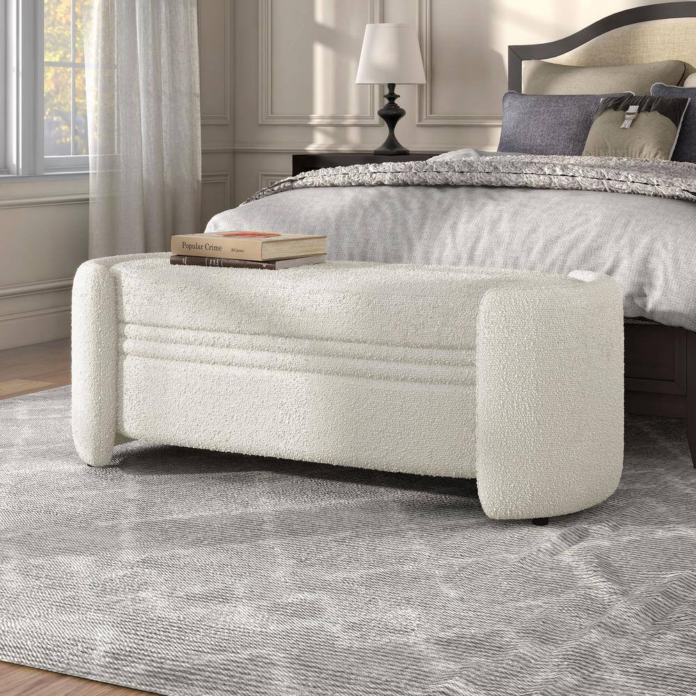 White Boucle Upholstered Storage Bench with Wood Frame
