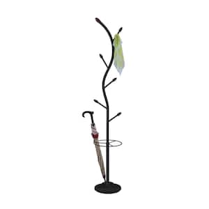SignatureHome Black Finish Material Metal / Wood Coat Rack With 6-Hook Umbrella Stand Included Size:12" W x 12"L x 72