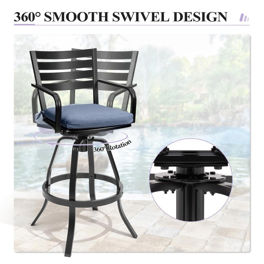 Black Cast Aluminum Swivel Bar Stools with Blue Cushions, Set of 2