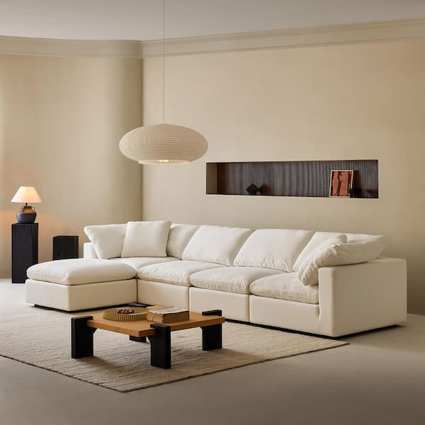 Modern 157 in. Wide Square Arm Linen Fabric L-Shaped Sectional Sofa Combination Sofa 4 Seats with Ottoman in Pearl White