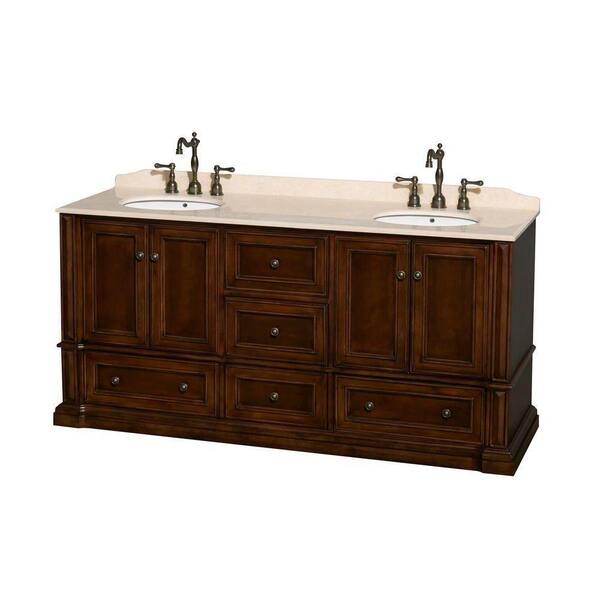 Wyndham Collection Rochester 73.5 in. Double Vanity in Cherry with Marble Vanity Top in Ivory and Oval Sinks