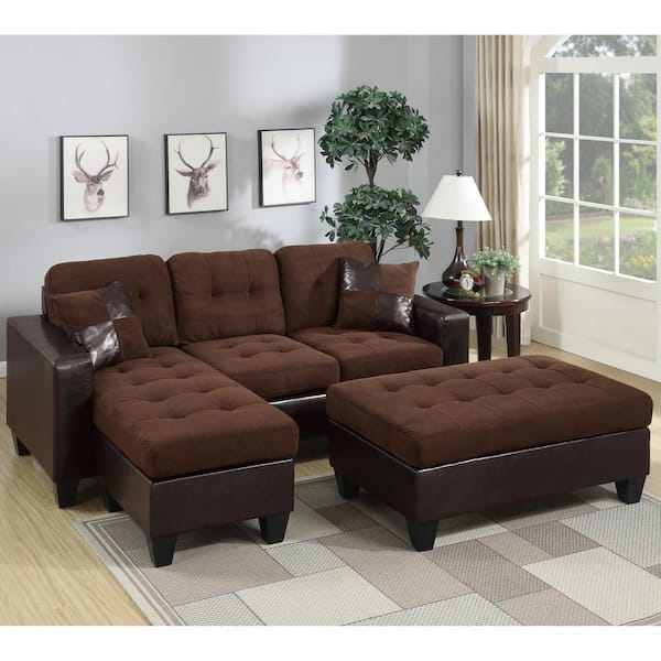 Venetian Worldwide, LLC Stapleton II 3-Piece Chocolate Multi-Fabric 3-Seater Sectional Reversible Chaise with Oversized Ottoman