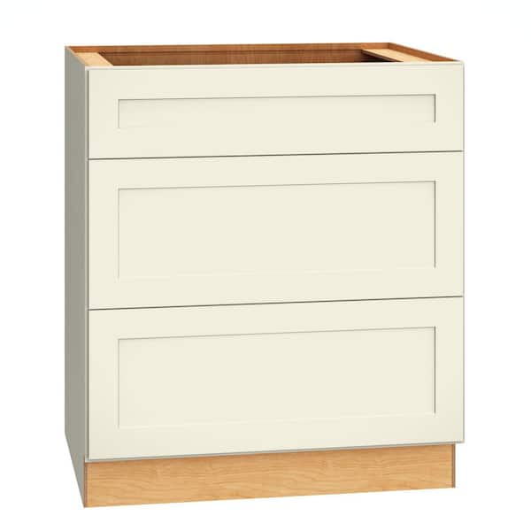 QuickShip Cottage 30 in. W x 24 in. D x 34.5 in. H Assembled Plywood Shaker 3-Drawer Base Kitchen Cabinet in Starlight