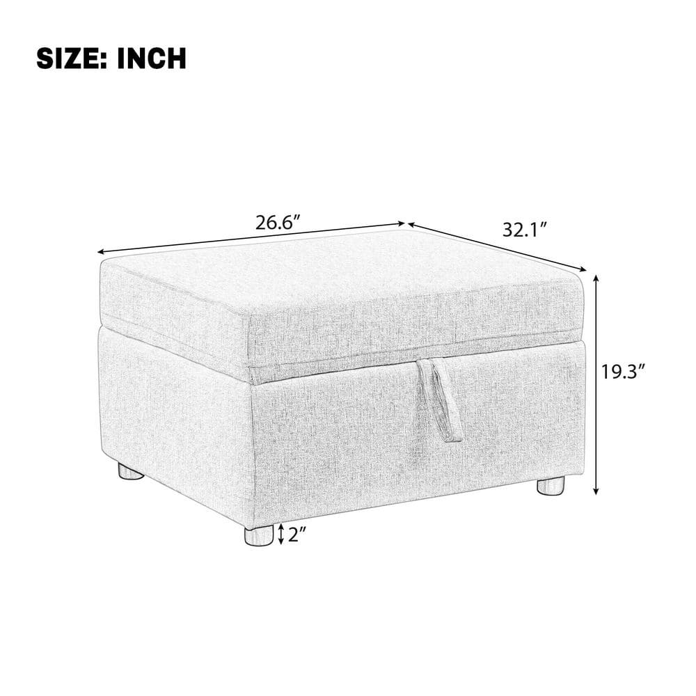 Measurement diagram of the beige storage ottoman showing dimensions.