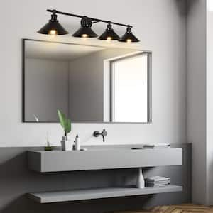 Modern Industrial 41.14 in. 4-Light Matte Black Dimmable Vanity Light with Wide Cone Shade.