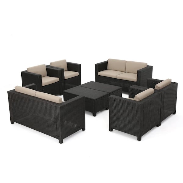 Fernanda Dark Brown 8-Piece Faux Rattan Outdoor Patio Conversation Set with Beige Cushions