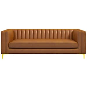 Kali 84 in. W Square Arm Luxury Modern Genuine Leather Couch in Cognac Brown