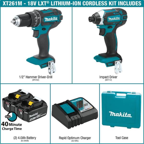 18V LXT Lithium-Ion Cordless Combo Kit (2-Piece) Hammer Drill/Impact Driver w/ (2) Batteries (4.0Ah), Charger, Case