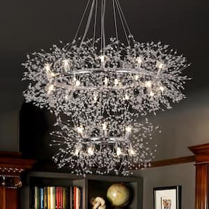 Calzada Decor 32-Light Chrome Dandelion Firework Chandelier, 2-Tier Round Pendant Ceiling Lighting