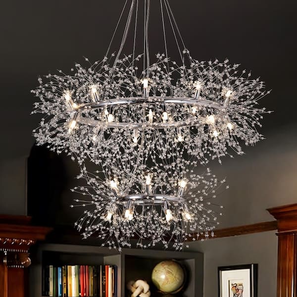 EDISLIVE Calzada Decor 32-Light Chrome Dandelion Firework Chandelier, 2-Tier Round Pendant Ceiling Lighting