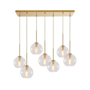 7-Light Vintage Gold Cluster, Cylinder, Linear, Rectangle Geometric, Island, Shaded Chandelier with Globe Clear Glass