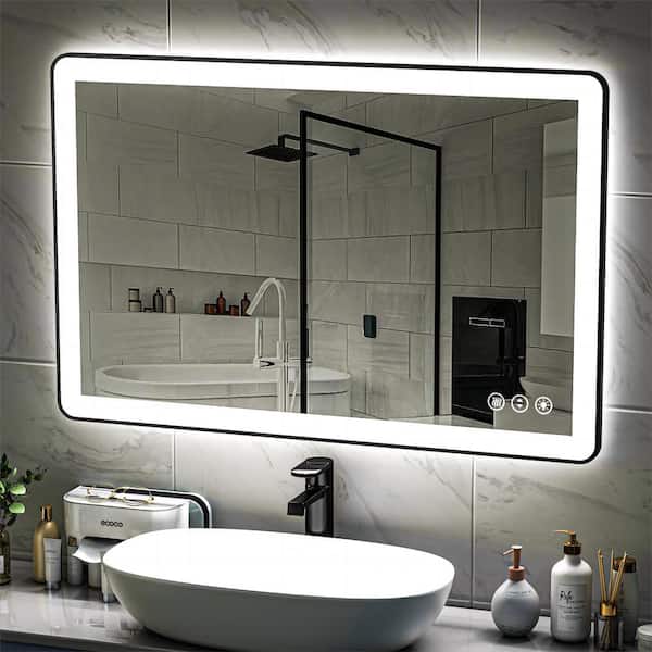 ORGANNICE 48 in. W x 32 in. H Rectangular Framed LED Anti-Fog Wall Mount Bathroom Mirror in Black with Backlit and Front Light