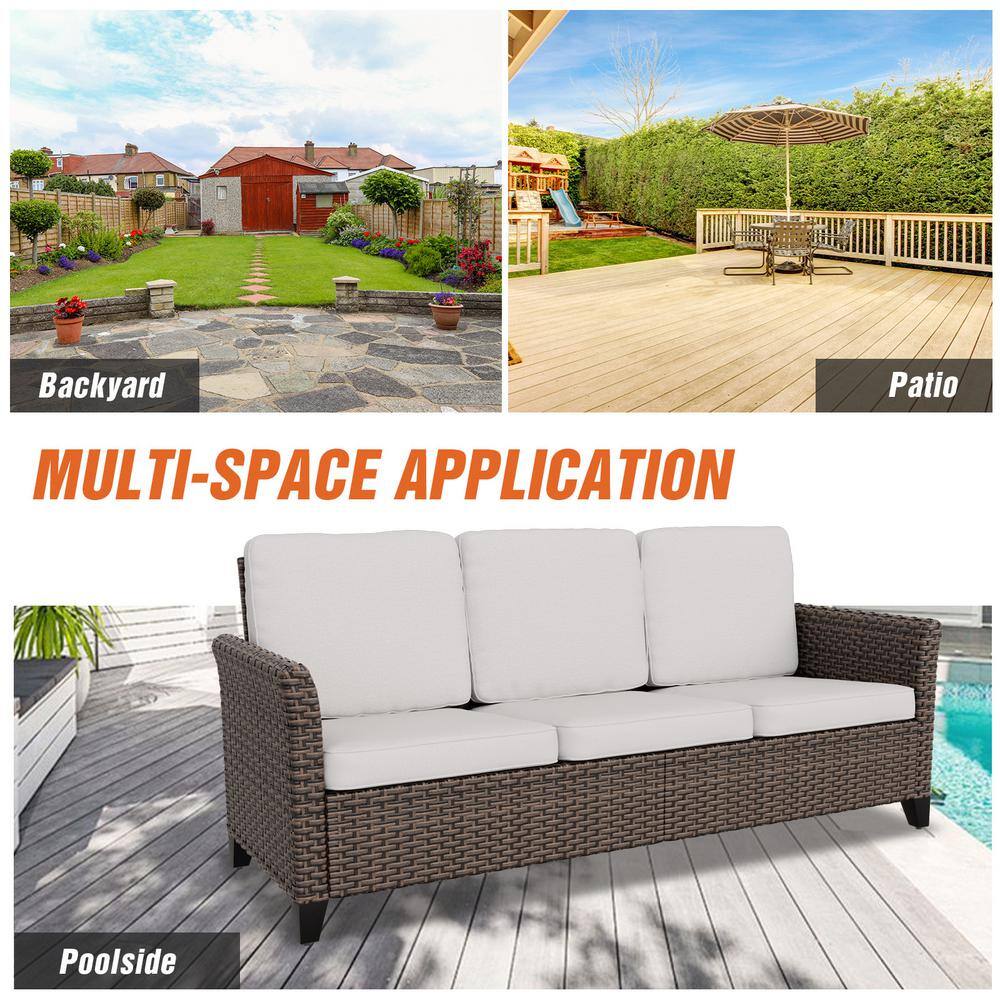 Outdoor Multi-Brown Wicker and Steel 3-Seat Sofa with Beige Cushions