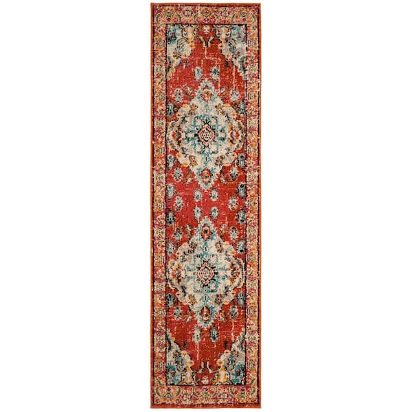 SAFAVIEH Monaco 2 ft. x 10 ft. Orange/Light Blue Border Runner Rug