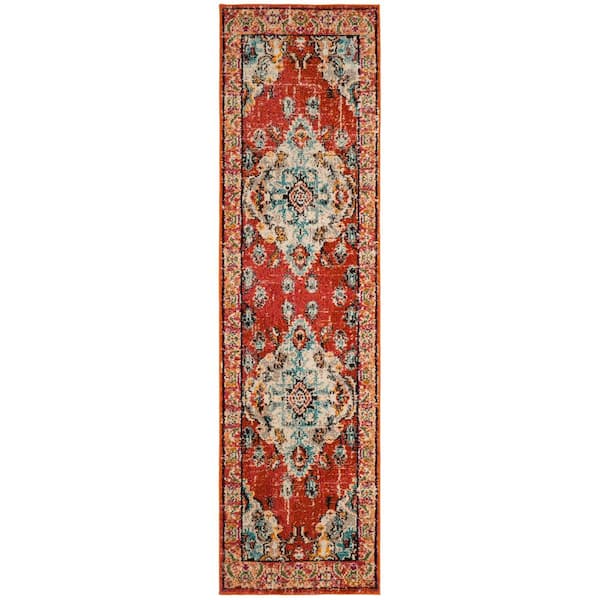 Monaco 2 ft. x 16 ft. Orange/Light Blue Border Runner Rug